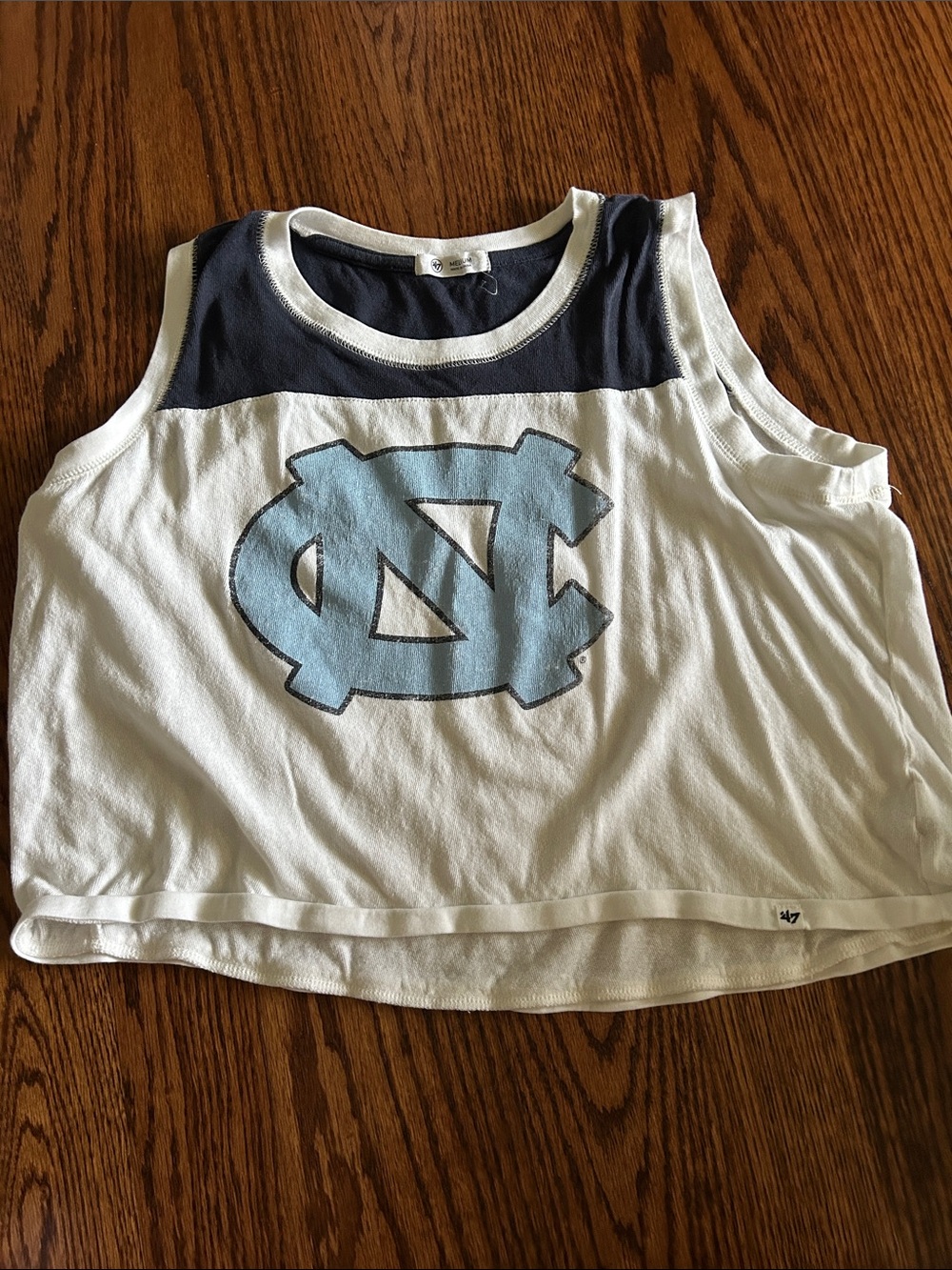 47 Brand White Tank with Light Blue UNC Logo and Navy Yoke